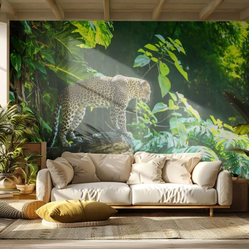Fototapet Selvklæbende Deluxe Sticker - Til jagt? - Jungle, leopard, Troperne - 100x70 cm