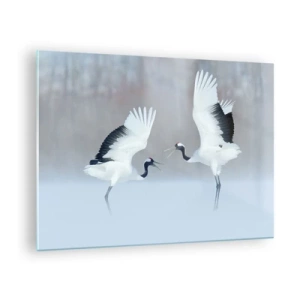 Billede på glas - Dansende traner mod en baggrund af et vinterlandskab - 70x50cm - Danser i tågen - Moderne vægdekoration til stue og soveværelse ARTTOR