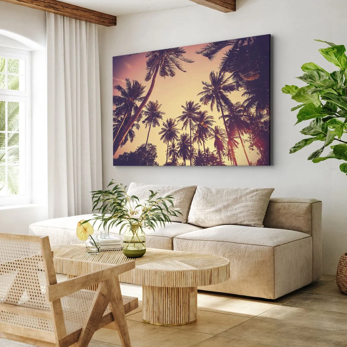 Lærredstryk - Billede på lærred - Palmer mod himlen med varme solnedgangsfarver - 70x50cm - Tropisk variation - Moderne vægdekoration til stue og soveværelse ARTTOR