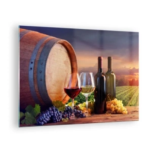 Billede på glas - Vinranker, en tønde og glas mod baggrunden af den nedgående sol - 70x50cm - Livet har smag her - Moderne vægdekoration til stue og soveværelse ARTTOR