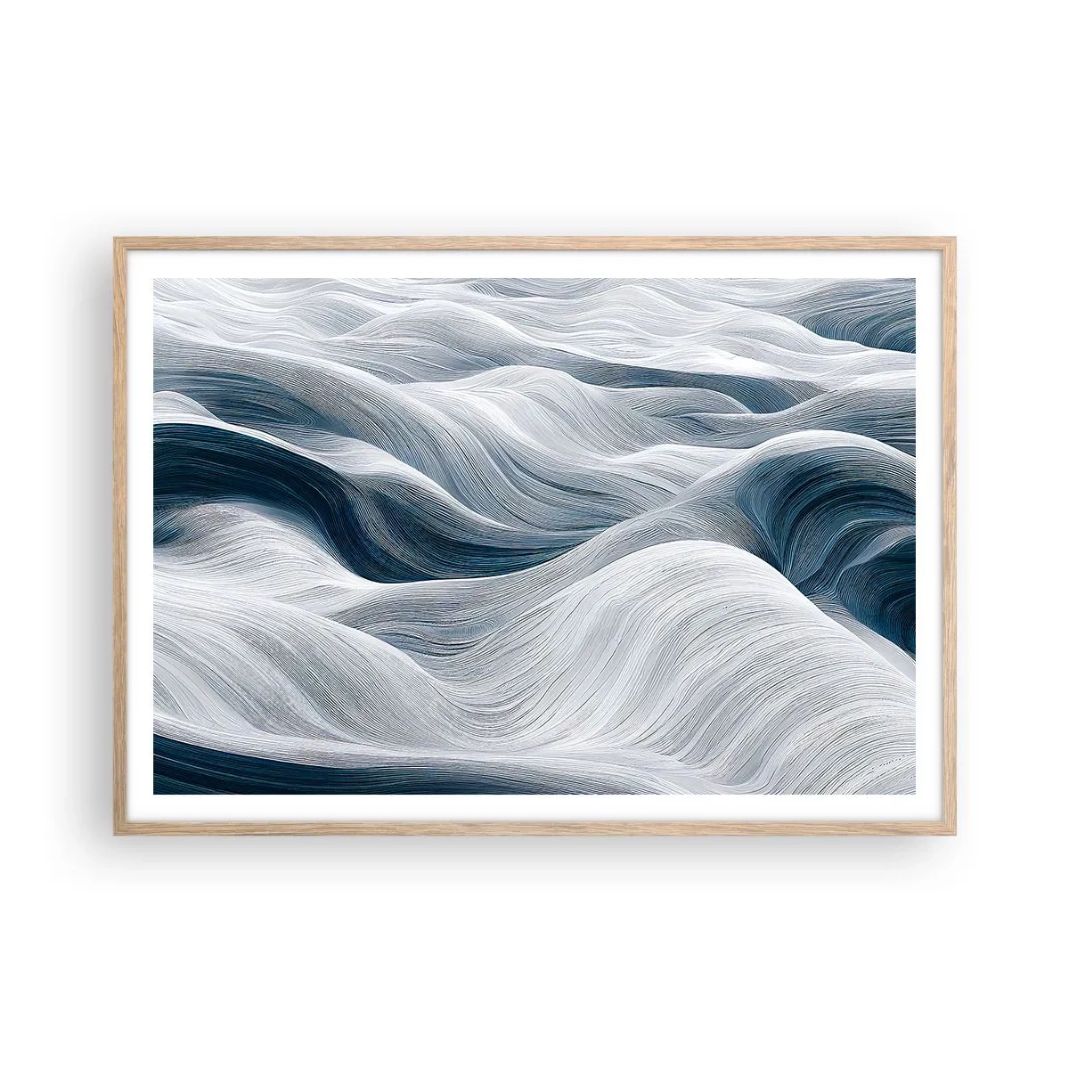 Plakat i ramme af lyst egetræ - Hvide og blå bølger - 100x70 cm