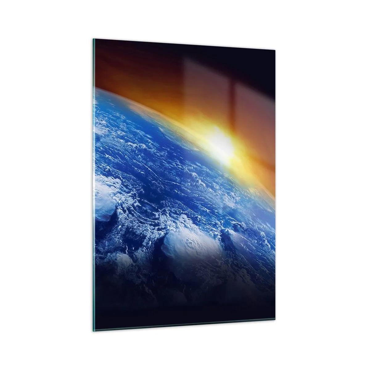 Billede på glas - Solopgang over den blå planet - 50x70 cm