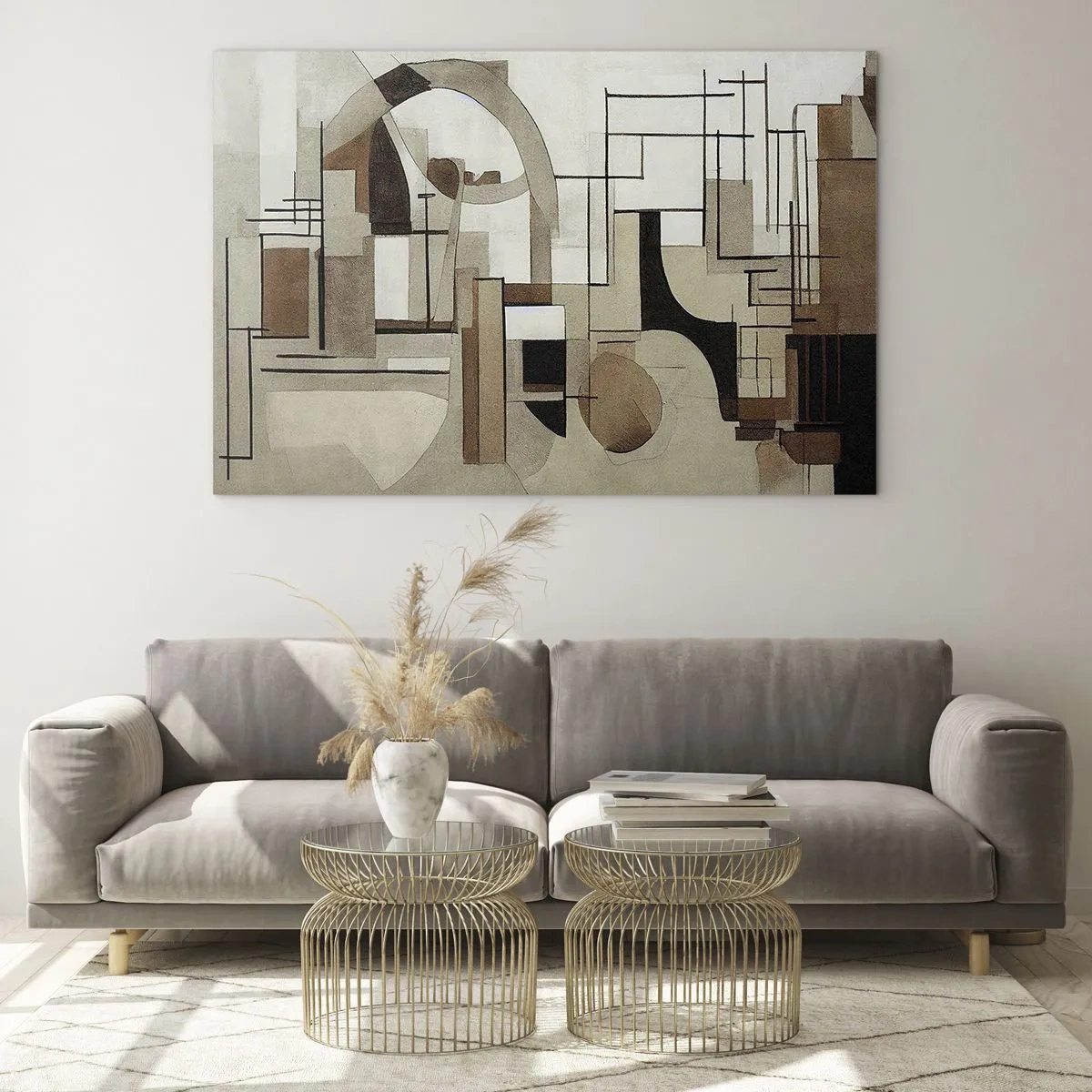 Billede på glas - Geometrisk landskab i nuancer af brunt og beige - 70x50cm - Bybillede 2.0 - Moderne vægdekoration til stue og soveværelse ARTTOR