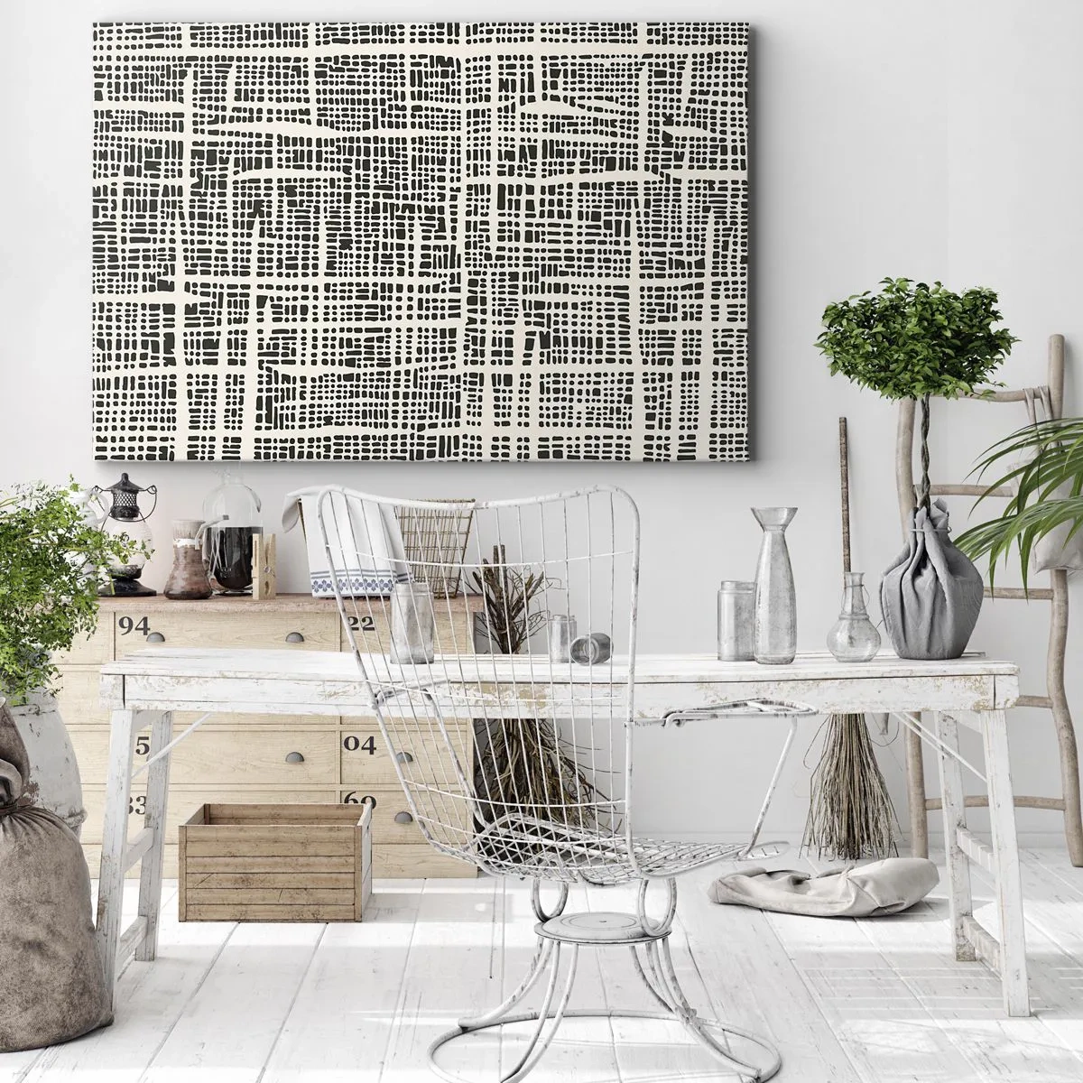 Lærredstryk - Billede på lærred - Et geometrisk mønster, der ligner et gitter på en lys baggrund - 70x50cm - En sammensætning vævet - Moderne vægdekoration til stue og soveværelse ARTTOR