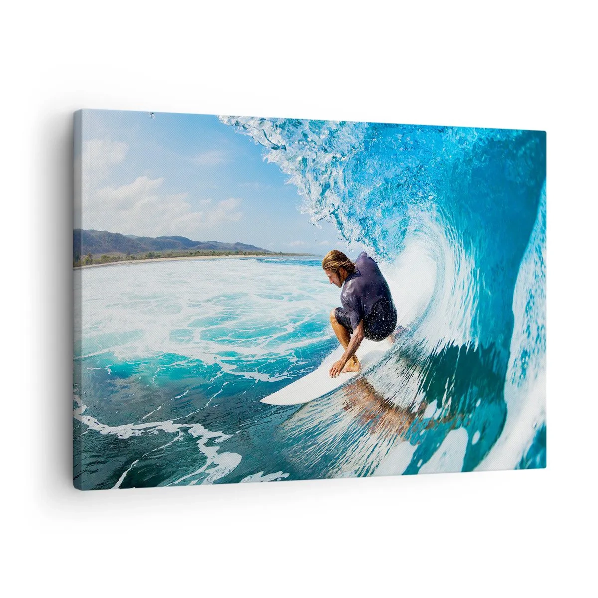 Lærredstryk - Billede på lærred - En surfer i en dynamisk positur på en bølge i turkisblåt vand. - 70x50cm - Danser med bølgerne - Moderne vægdekoration til stue og soveværelse ARTTOR