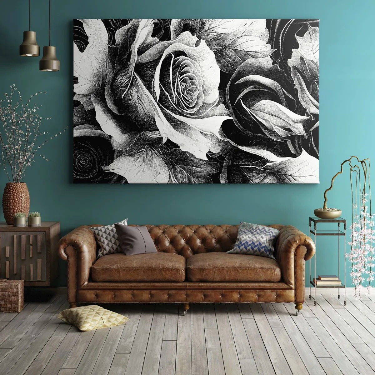 Lærredstryk - Billede på lærred - Sorte og hvide roser i en elegant komposition - 70x50cm - Altid dronning - Moderne vægdekoration til stue og soveværelse ARTTOR