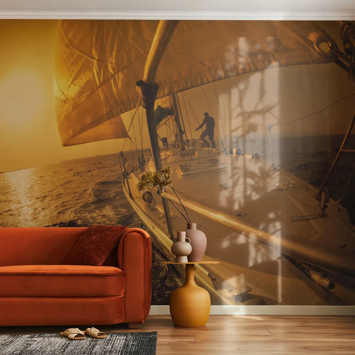 Fototapet Selvklæbende Deluxe Sticker - En gylden aften efter en broget dag - Maritime studier, Sejlbåd, Rejser - 150x105 cm