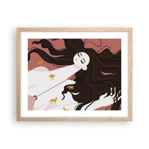 Plakat i ramme af lyst egetræ - Drøm om en gylden hest - 50x40 cm
