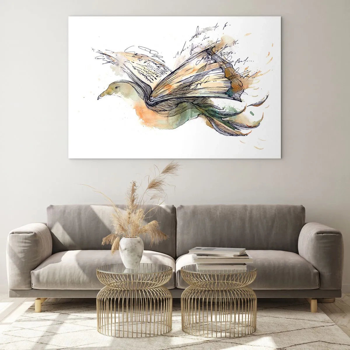 Billede på glas - En fugl fra en udrullet bog, en kunstnerisk metafor for viden - 70x50cm - På poesiens vinger - Moderne vægdekoration til stue og soveværelse ARTTOR