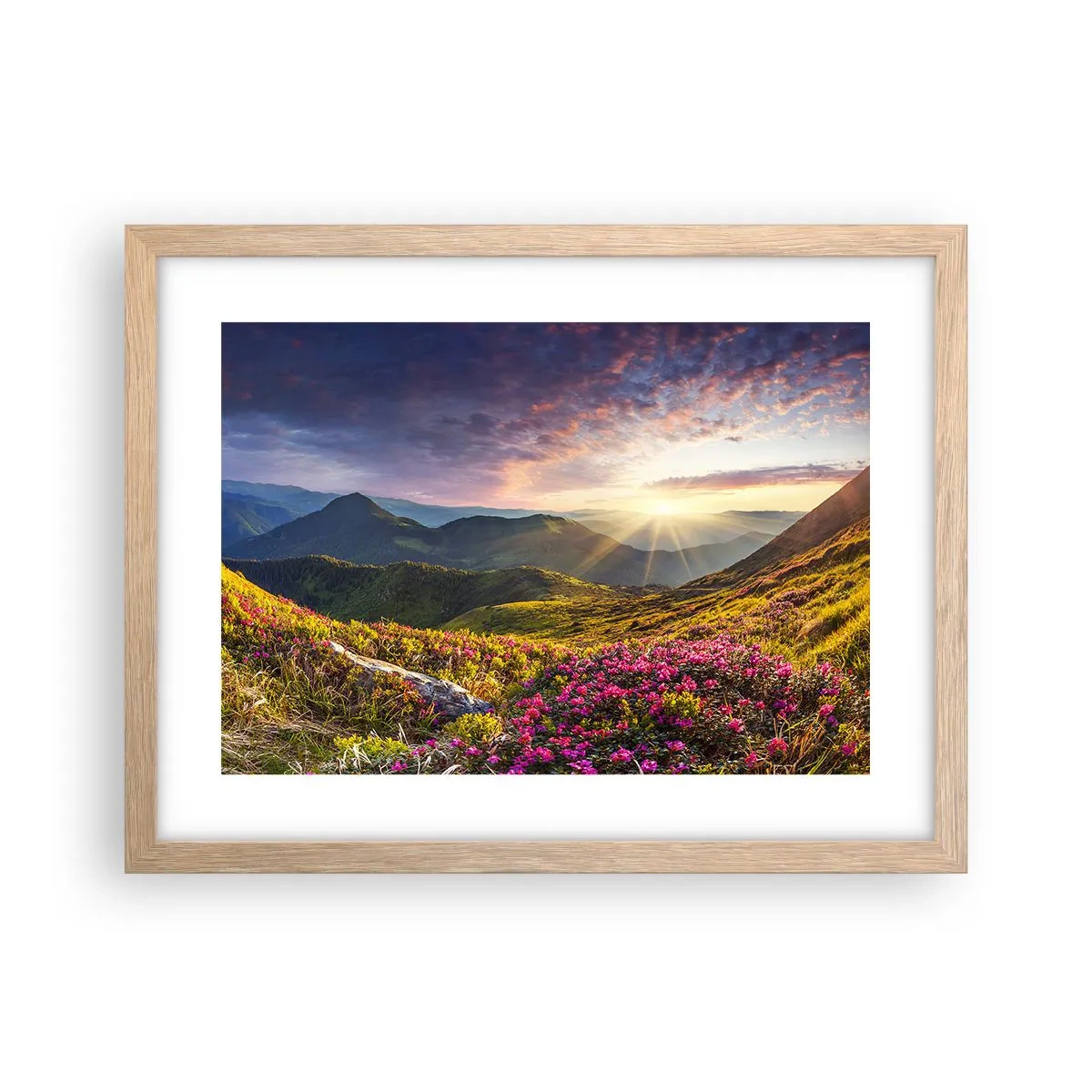 Plakat i ramme af lyst egetræ - Friskheden af en morgen i bjergene - 40x30 cm