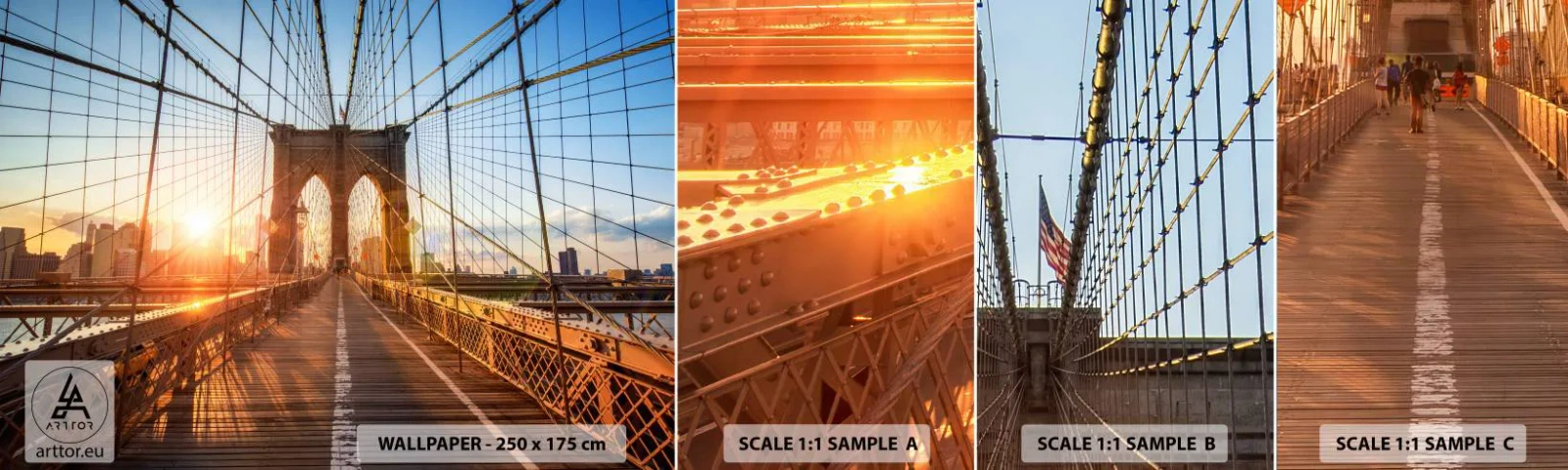 Prøve Fototapet Selvklæbende Deluxe Sticker - På den gyldne bro - New York, Brooklyn Bridge, Arkitektur - 100x30 cm