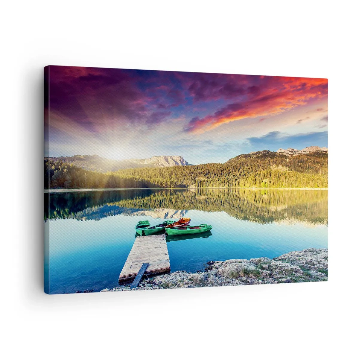 Lærredstryk - Billede på lærred - Solnedgang over søen med både ved molen - 70x50cm - Over vand så glat som et spejl - Moderne vægdekoration til stue og soveværelse ARTTOR