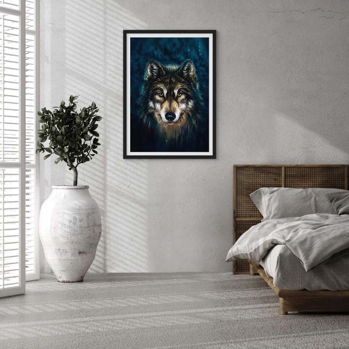 Plakat i sort ramme - Portræt af en ulv i en mørk, kunstnerisk tone - 50x70cm - Alfa? Og omega - Moderne vægdekoration til stue og soveværelse ARTTOR