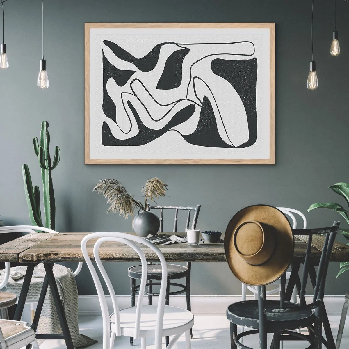 Plakat i ramme af lyst egetræ - Abstrakt leg i en labyrint - 40x30 cm