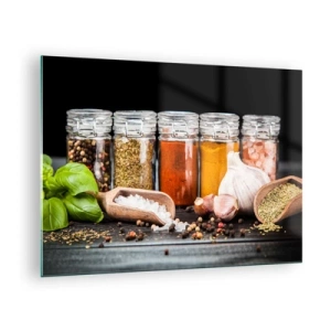 Billede på glas - Farverige krydderier i krukker på en mørk baggrund - 70x50cm - For at livet kan smages - Moderne vægdekoration til stue og soveværelse ARTTOR