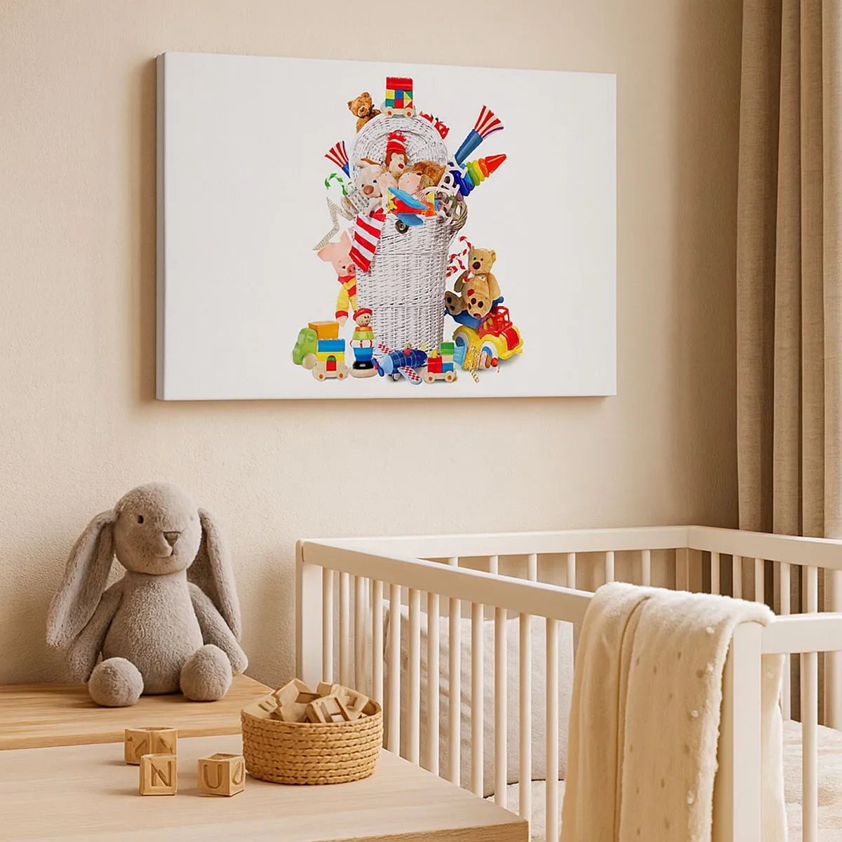 Lærredstryk - Billede på lærred - En farverig kurv fuld af børns legetøj - 70x50cm - Småbørns skatte - Moderne vægdekoration til stue og soveværelse ARTTOR