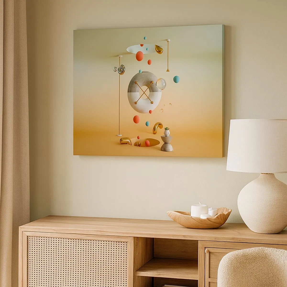 Lærredstryk - Billede på lærred - Geometriske figurer i pastelfarver i et surrealistisk arrangement - 70x50cm - Alt kan ske - Moderne vægdekoration til stue og soveværelse ARTTOR