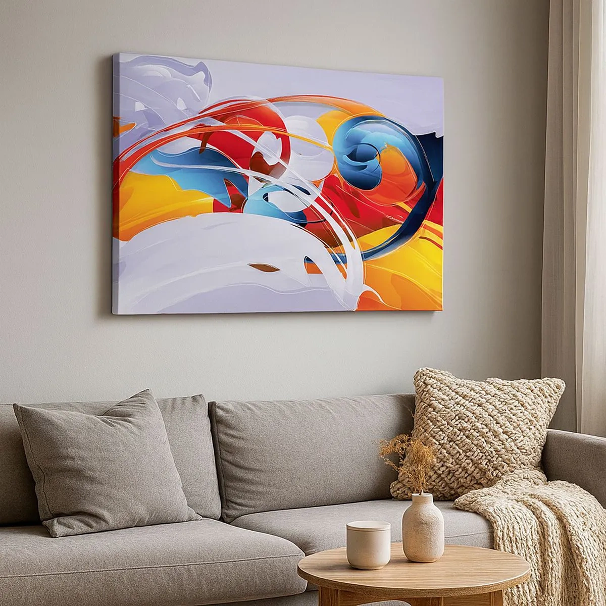 Lærredstryk - Billede på lærred - Farverig abstraktion med dynamiske linjer og levende farver - 70x50cm - Elementernes dans - Moderne vægdekoration til stue og soveværelse ARTTOR