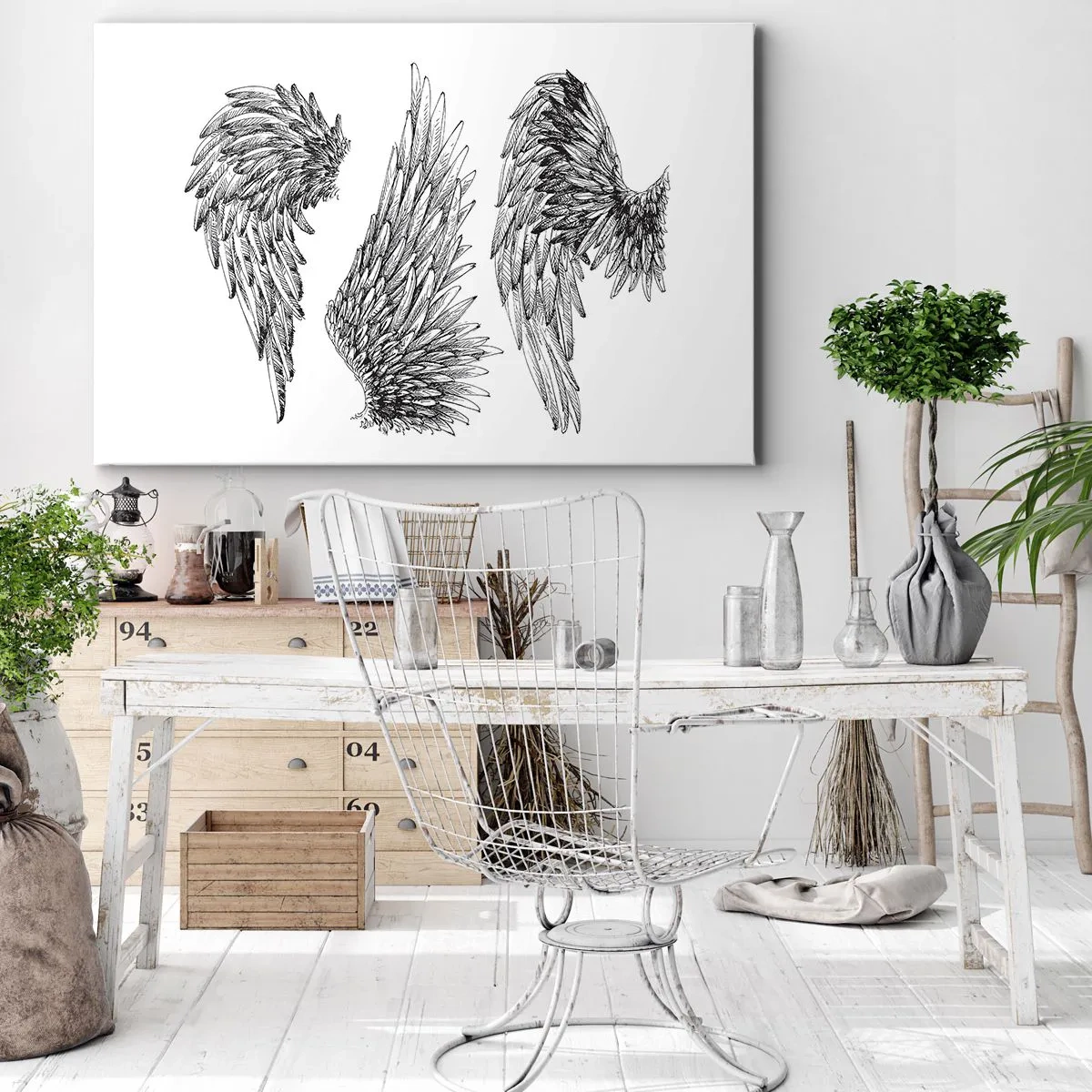 Lærredstryk - Billede på lærred - Tre sort-hvide skitser af vinger i minimalistisk stil. - 70x50cm - Og du kan blive en engel - Moderne vægdekoration til stue og soveværelse ARTTOR