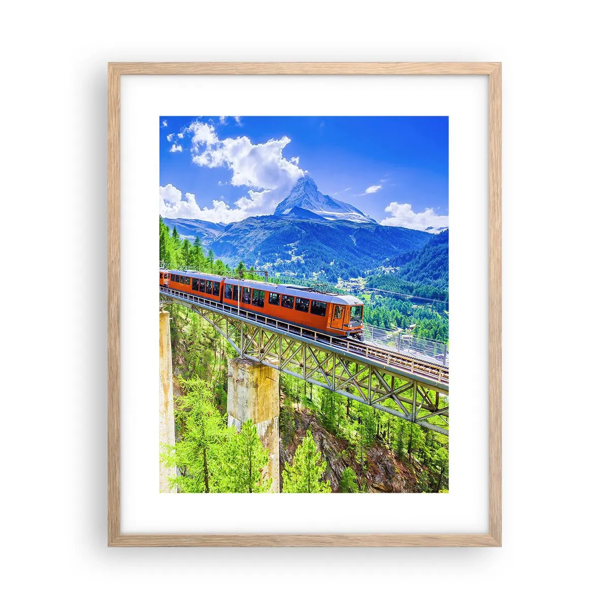 Plakat i ramme af lyst egetræ - Jernbane til Alperne - 40x50 cm