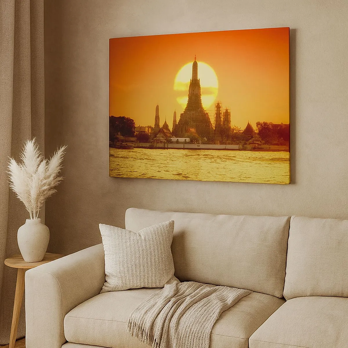 Lærredstryk - Billede på lærred - Solnedgang over templet med spejling i vandet - 70x50cm - Mod solen, altid mod solen - Moderne vægdekoration til stue og soveværelse ARTTOR