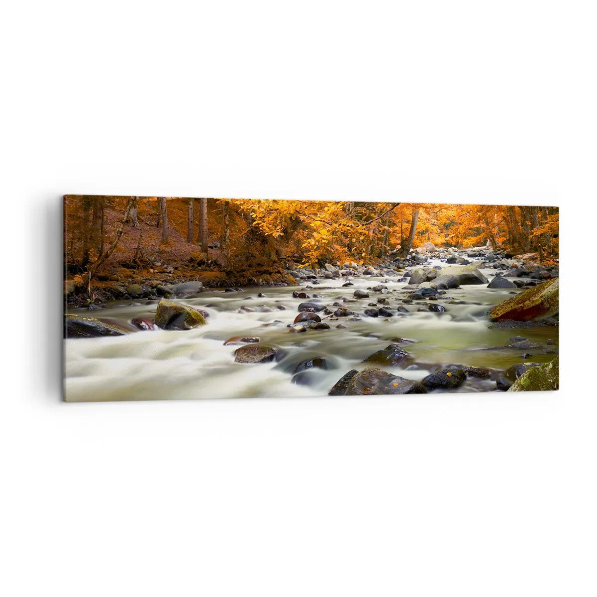 Lærredstryk - Billede på lærred - Et vandløb i den gyldne skov - 140x50 cm