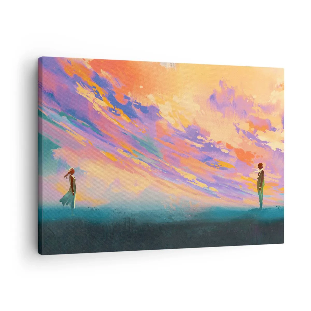 Lærredstryk - Billede på lærred - En dynamisk scene med figurer mod en farverig solnedgangshimmel - 70x50cm - Tiltrækningskraft - Moderne vægdekoration til stue og soveværelse ARTTOR