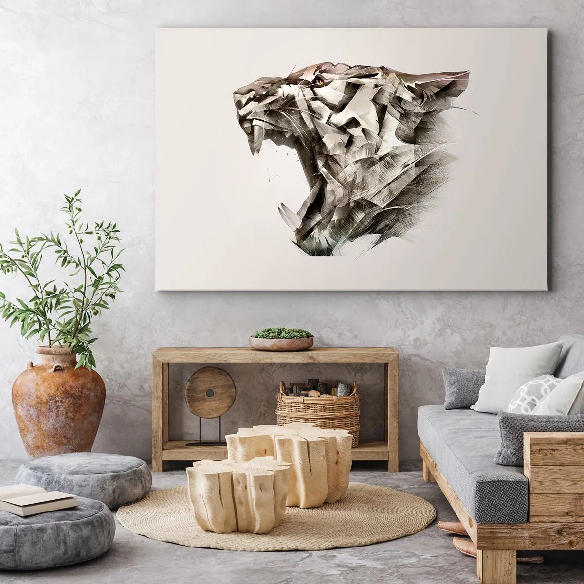 Lærredstryk - Billede på lærred - Abstrakt billede af en tiger i beige nuancer - 70x50cm - Du ved allerede, hvem der har ansvaret - Moderne vægdekoration til stue og soveværelse ARTTOR