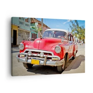 Lærredstryk - Billede på lærred - En rød klassisk bil parkeret på gaden på en solskinsdag - 70x50cm - Kun på Cuba - Moderne vægdekoration til stue og soveværelse ARTTOR