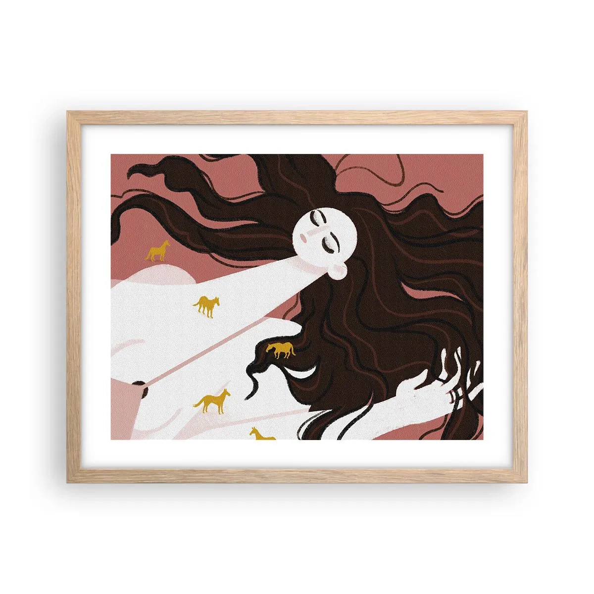 Plakat i ramme af lyst egetræ - Drøm om en gylden hest - 50x40 cm