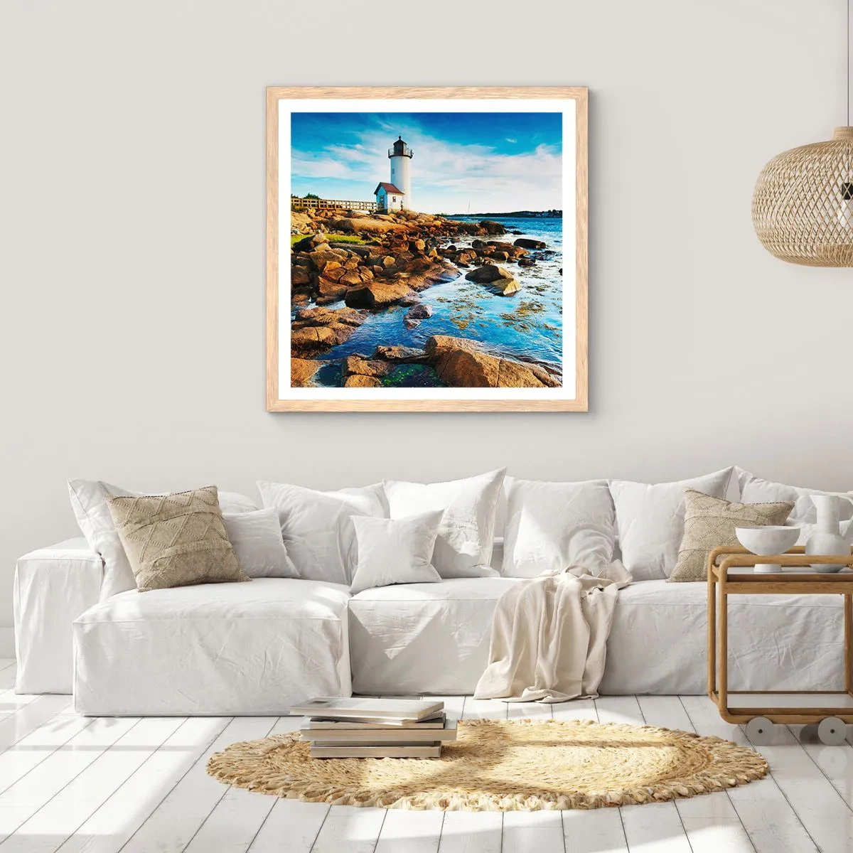 Plakat i ramme af lyst egetræ - Vend tilbage med glæde, jeg ser frem til - 50x50 cm