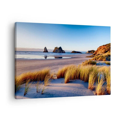 Lærredstryk - Billede på lærred - En malerisk strand med udsigt over klipperne og havet ved solnedgang - 70x50cm - For dem, der søger ro - Moderne vægdekoration til stue og soveværelse ARTTOR