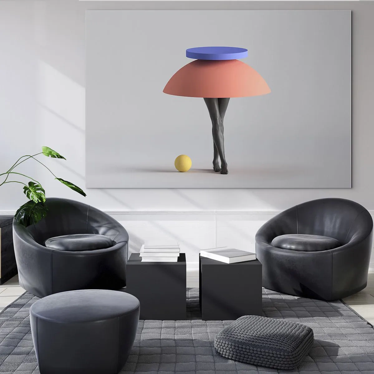 Billede på glas - En surrealistisk figur lavet af geometriske former og ben - 70x50cm - Surrealistisk komposition - Moderne vægdekoration til stue og soveværelse ARTTOR