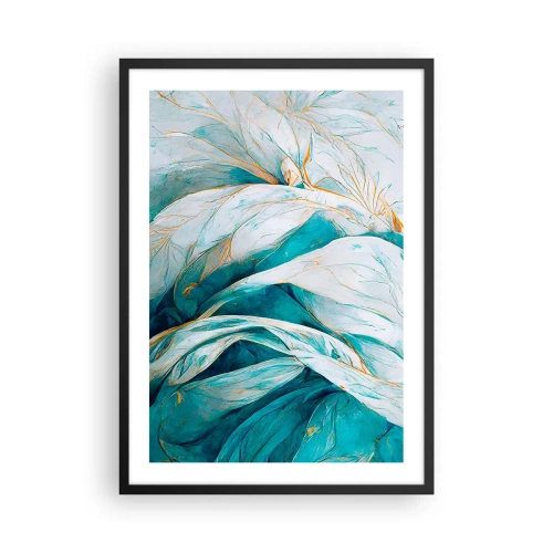 Plakat i sort ramme - Abstrakte blade i nuancer af turkis og hvid med delikat guld - 50x70cm - Blå abstraktion med et guldmotiv - Moderne vægdekoration til stue og soveværelse ARTTOR