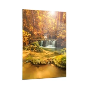 Billede på glas - Skovkaskade i guld - 50x70 cm