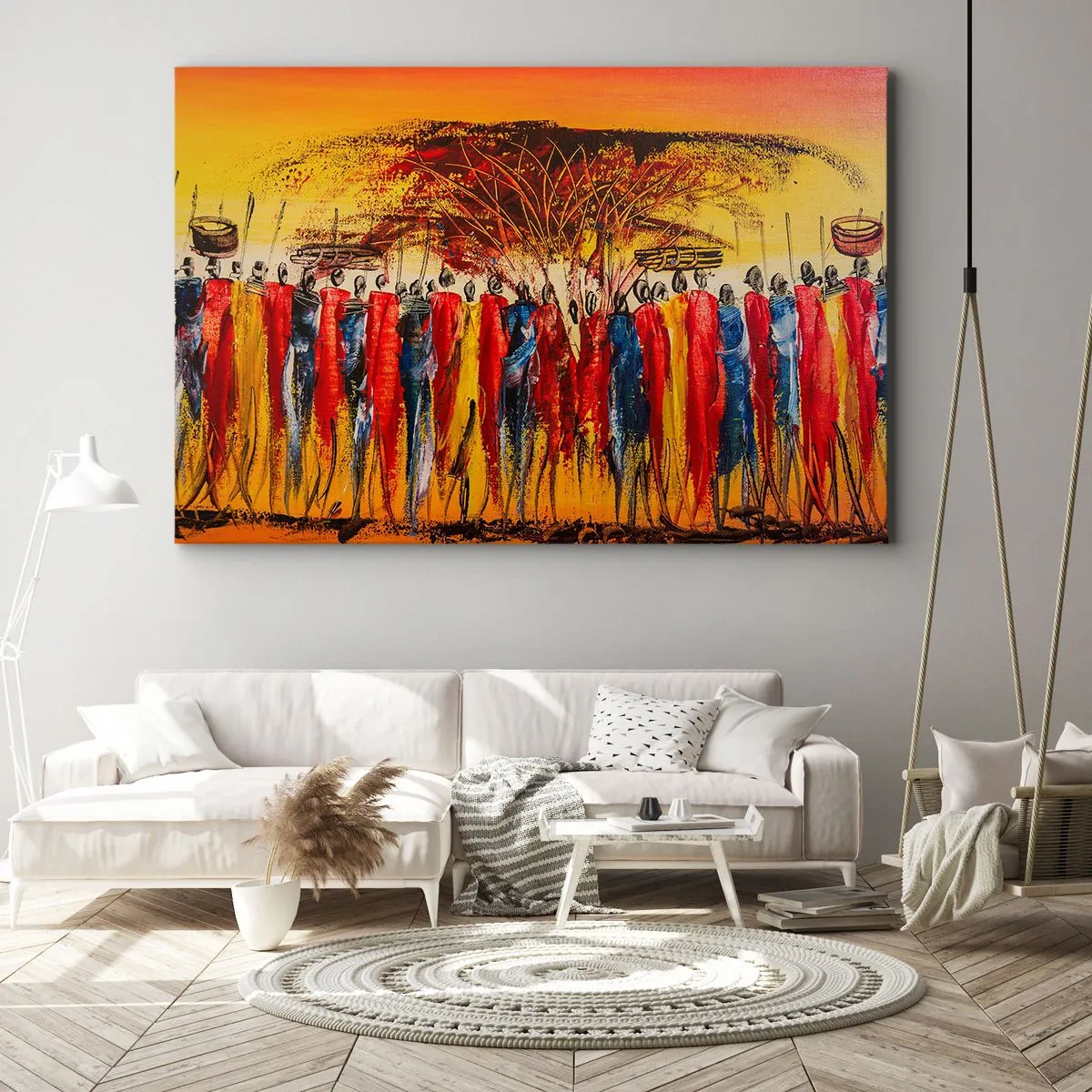 Lærredstryk - Billede på lærred - En farverig scene med afrikanske figurer mod en baggrund af den nedgående sol. - 70x50cm - Der, der, der, der går de - Moderne vægdekoration til stue og soveværelse ARTTOR