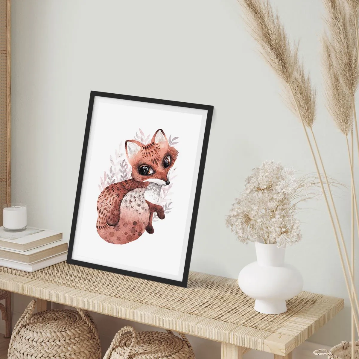 Plakat i sort ramme - En sød akvarel ræv på en hvid baggrund - 50x70cm - Kun kærlighed - Moderne vægdekoration til stue og soveværelse ARTTOR