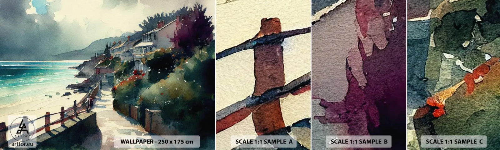 Prøve Fototapet Selvklæbende Deluxe Sticker - Middelhavsby - Huse, Landskab, Strand - 100x30 cm