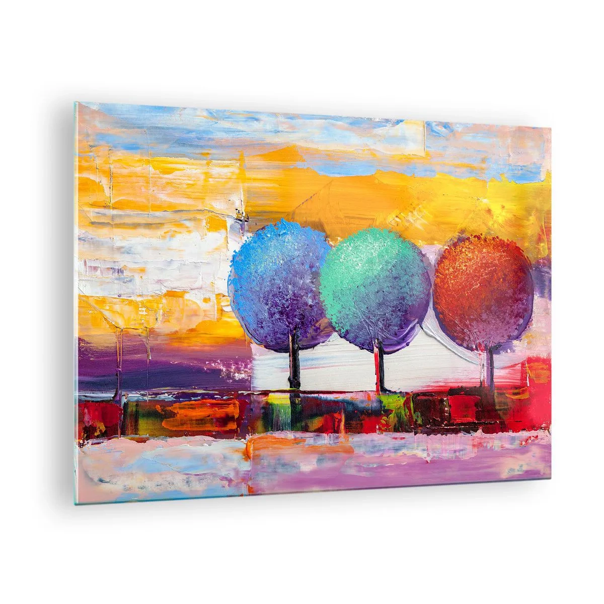 Billede på glas - Farverige abstrakte træer på en intens baggrund - 70x50cm - Tredje gang er lykkens gang - Moderne vægdekoration til stue og soveværelse ARTTOR