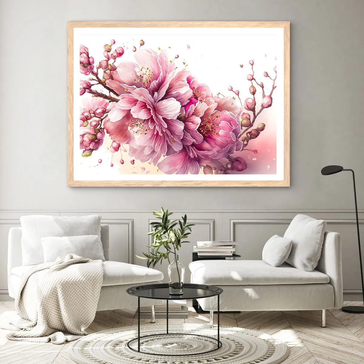 Plakat i ramme af lyst egetræ - Kirsebærblomst - 100x70 cm