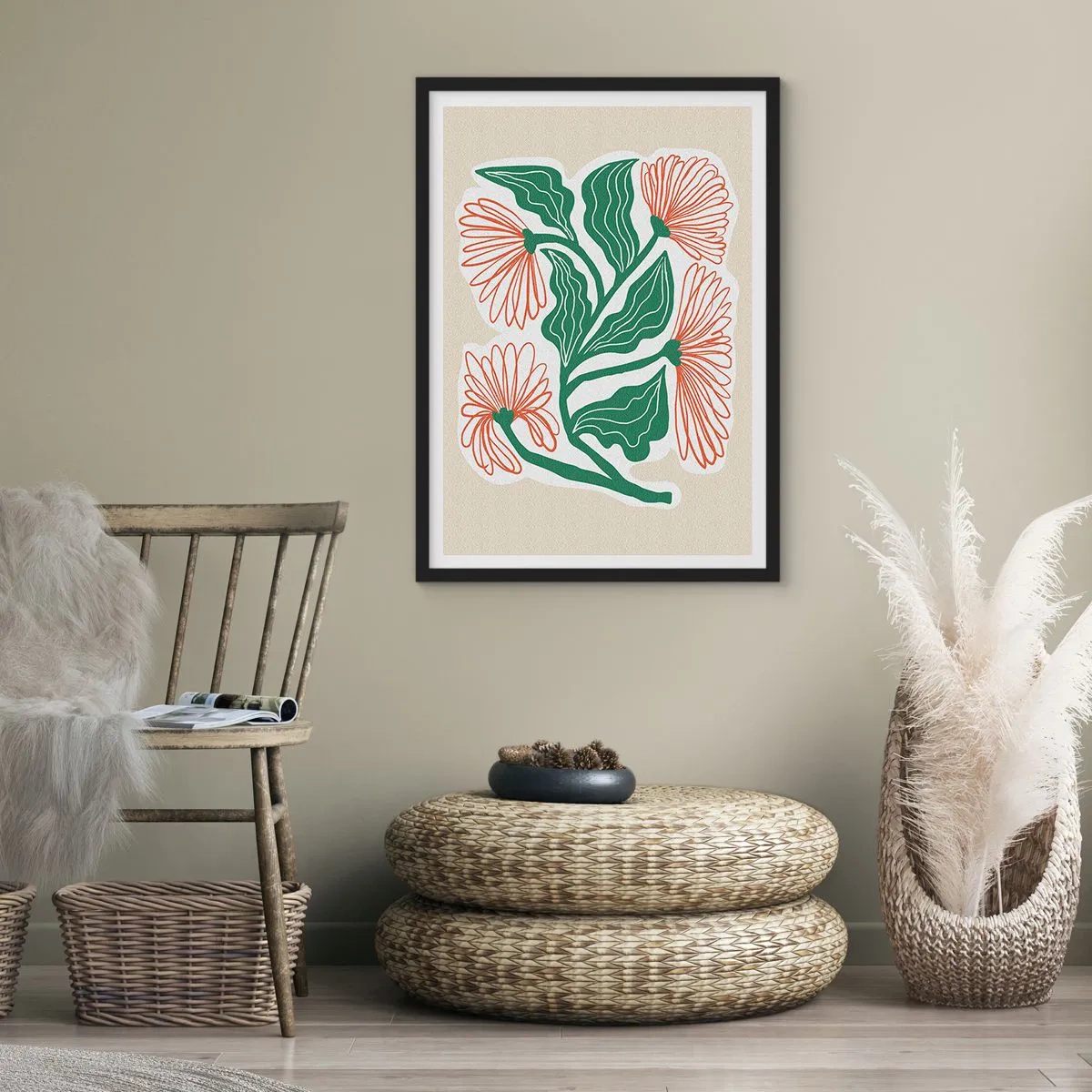 Plakat i sort ramme - Abstrakt blomster- og bladmotiv på en beige baggrund - 50x70cm - Folkeligt og moderne - Moderne vægdekoration til stue og soveværelse ARTTOR