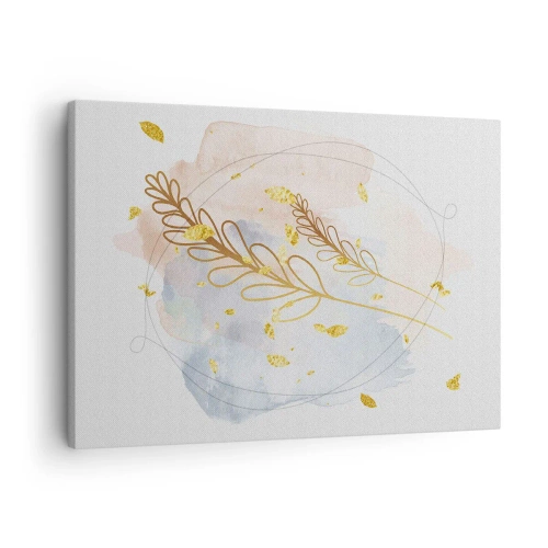 Lærredstryk - Billede på lærred - Et delikat gyldent bladmotiv på en pastelbaggrund med akvareldetaljer. - 70x50cm - En gylden eksplosion - Moderne vægdekoration til stue og soveværelse ARTTOR