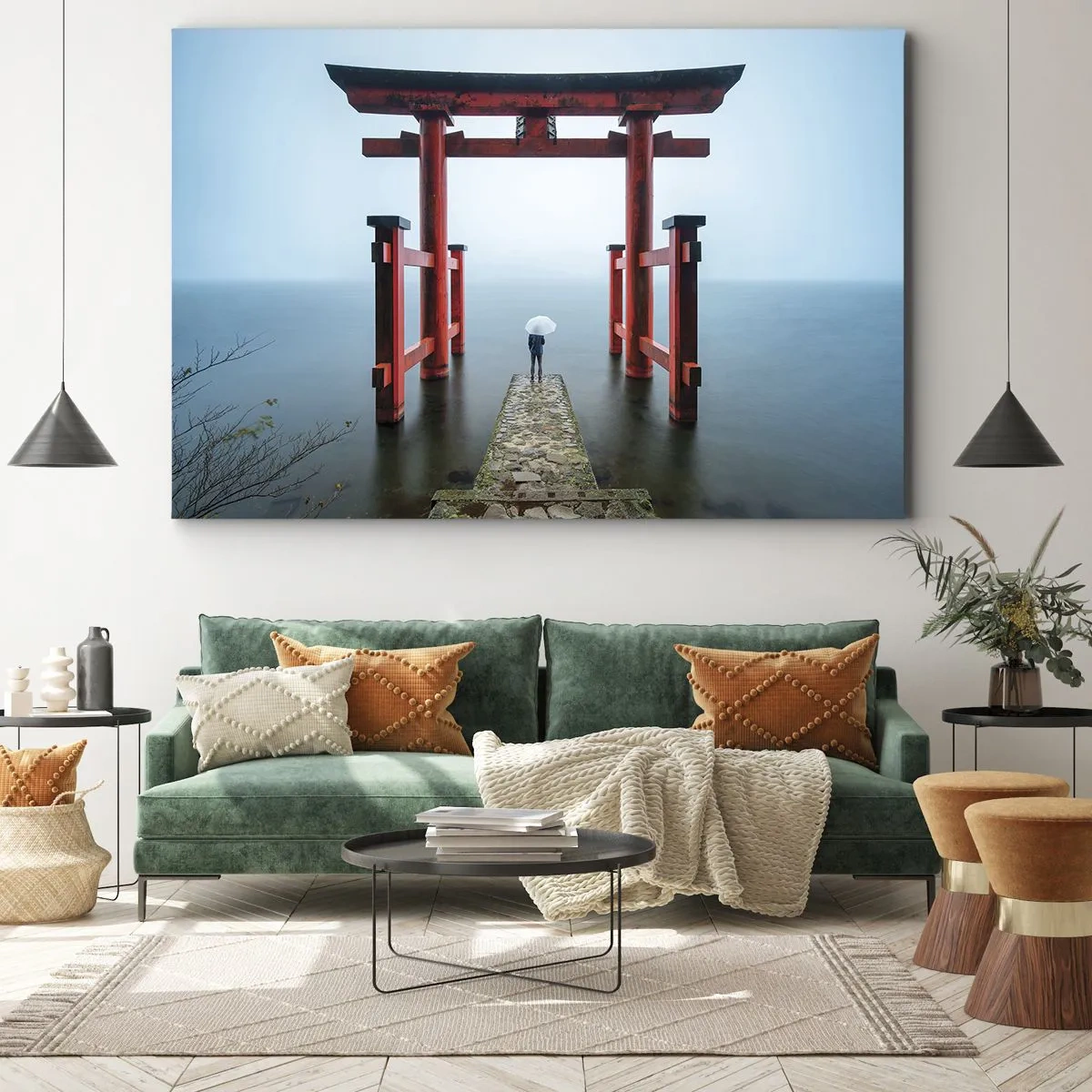 Lærredstryk - Billede på lærred - En torii-port med udsigt over en rolig sø i Japan - 70x50cm - Japansk drømmeri - Moderne vægdekoration til stue og soveværelse ARTTOR