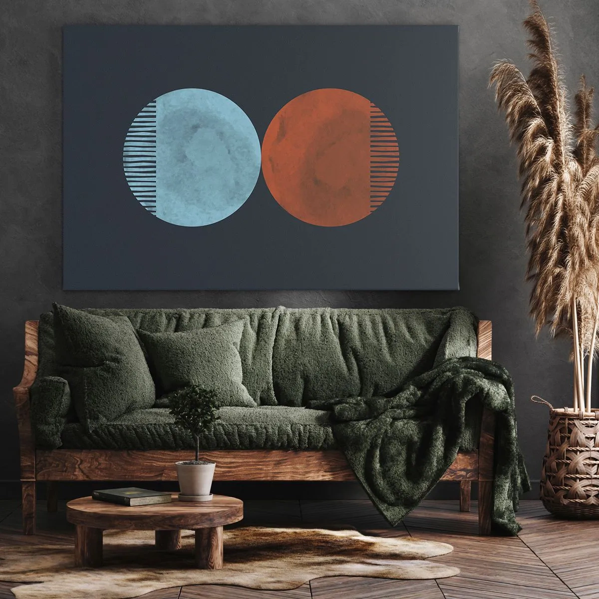 Lærredstryk - Billede på lærred - Minimalistisk design med to hjul i blå og orange - 70x50cm - Kun geometri? - Moderne vægdekoration til stue og soveværelse ARTTOR