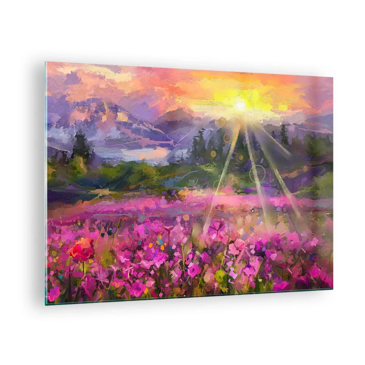 Billede på glas - En malerisk dal fuld af blomster oplyst af solens stråler - 70x50cm - I en dal under solens beskyttelse - Moderne vægdekoration til stue og soveværelse ARTTOR
