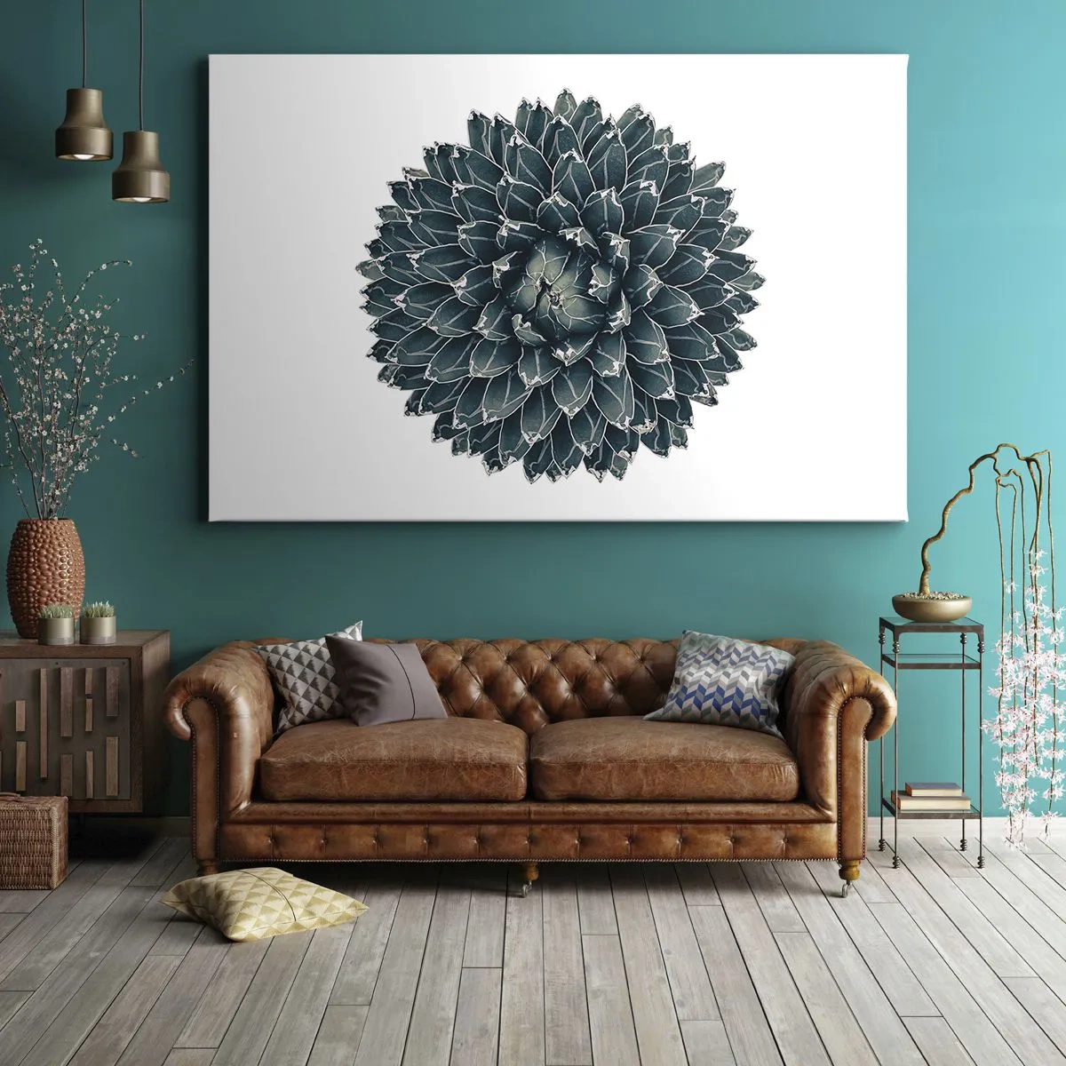 Lærredstryk - Billede på lærred - Symmetrisk sukkulent plante på en hvid baggrund - 70x50cm - Ørkenstjerne - Moderne vægdekoration til stue og soveværelse ARTTOR