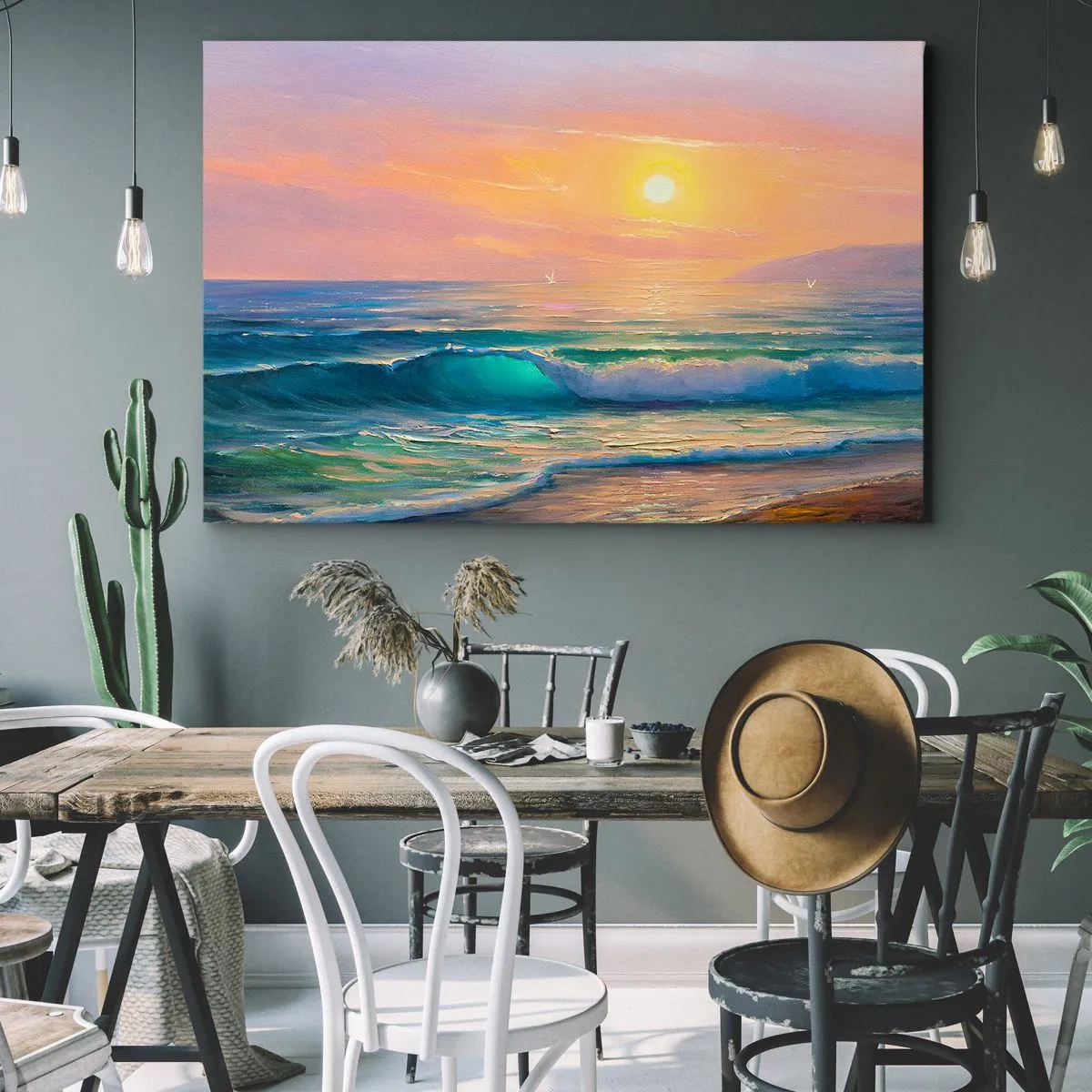 Lærredstryk - Billede på lærred - Havlandskab med solnedgang - 70x50cm - Bølgernes turkisfarvede sang - Moderne vægdekoration til stue og soveværelse ARTTOR