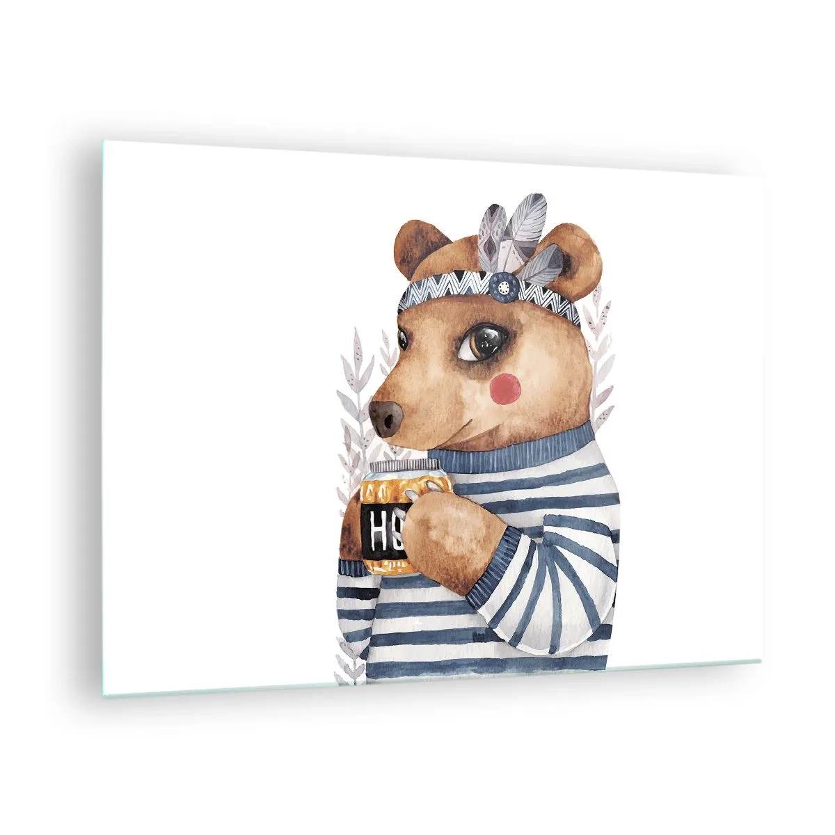 Billede på glas - En stribet bamse med en kop honning og fjer - 70x50cm - Søde bjørn - Moderne vægdekoration til stue og soveværelse ARTTOR