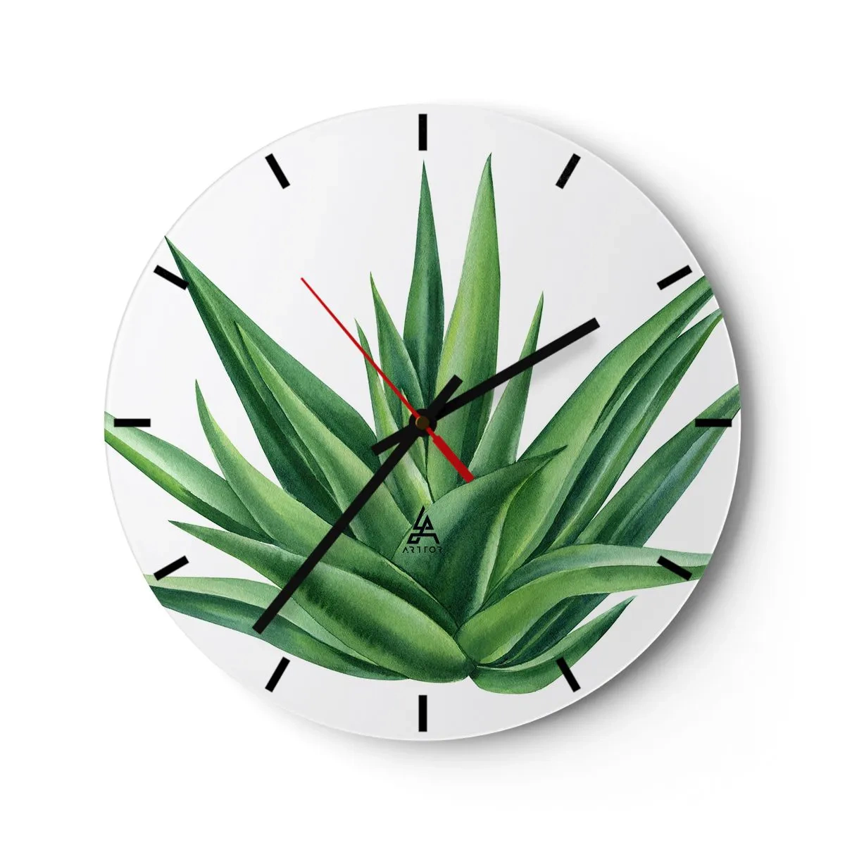 Vægur, Uret - Grøn agave på en hvid baggrund i botanisk stil - 30x30cm - Grøn - styrke - liv - Moderne vægdekoration til stue, køkken og soveværelse ARTTOR