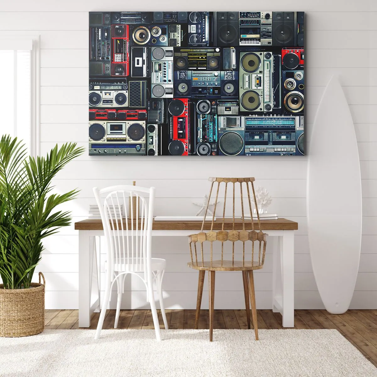 Lærredstryk - Billede på lærred - En collage af retro båndoptagere og vintage højttalere. - 70x50cm - Nostalgi for 1980'erne. - Moderne vægdekoration til stue og soveværelse ARTTOR